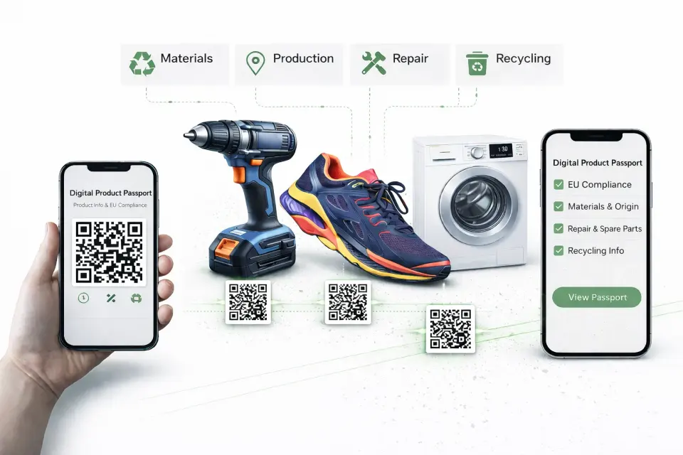 Digitale Produktpass Infografik mit QR-Code, Produktdaten und EU-Compliance-Informationen