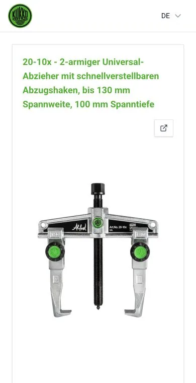 Echte mobile Ansicht des KUKKO-Produktpasses für den Universal-Abzieher 20-10x